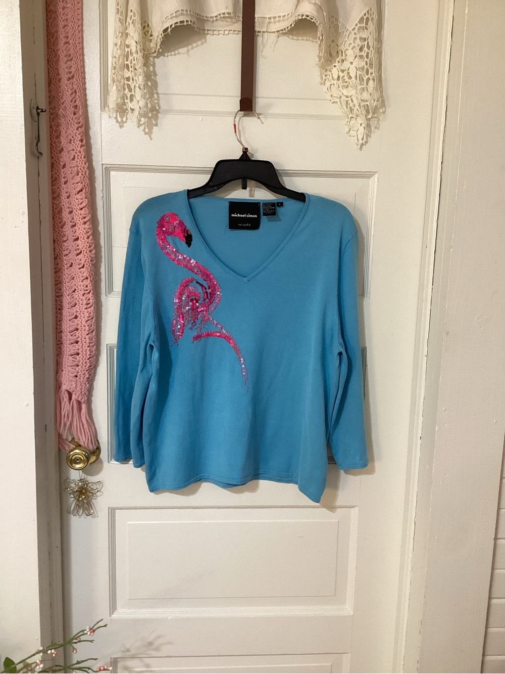 Vintage Michael Simon Turquoise V-Neck Top with Pink Sequin Flamingo